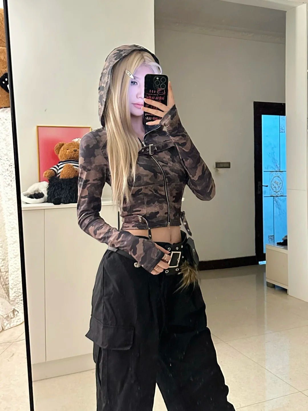 Camo Hoodie Zip Top and Black Cargo Pants Y2K Outfit - tutufox -