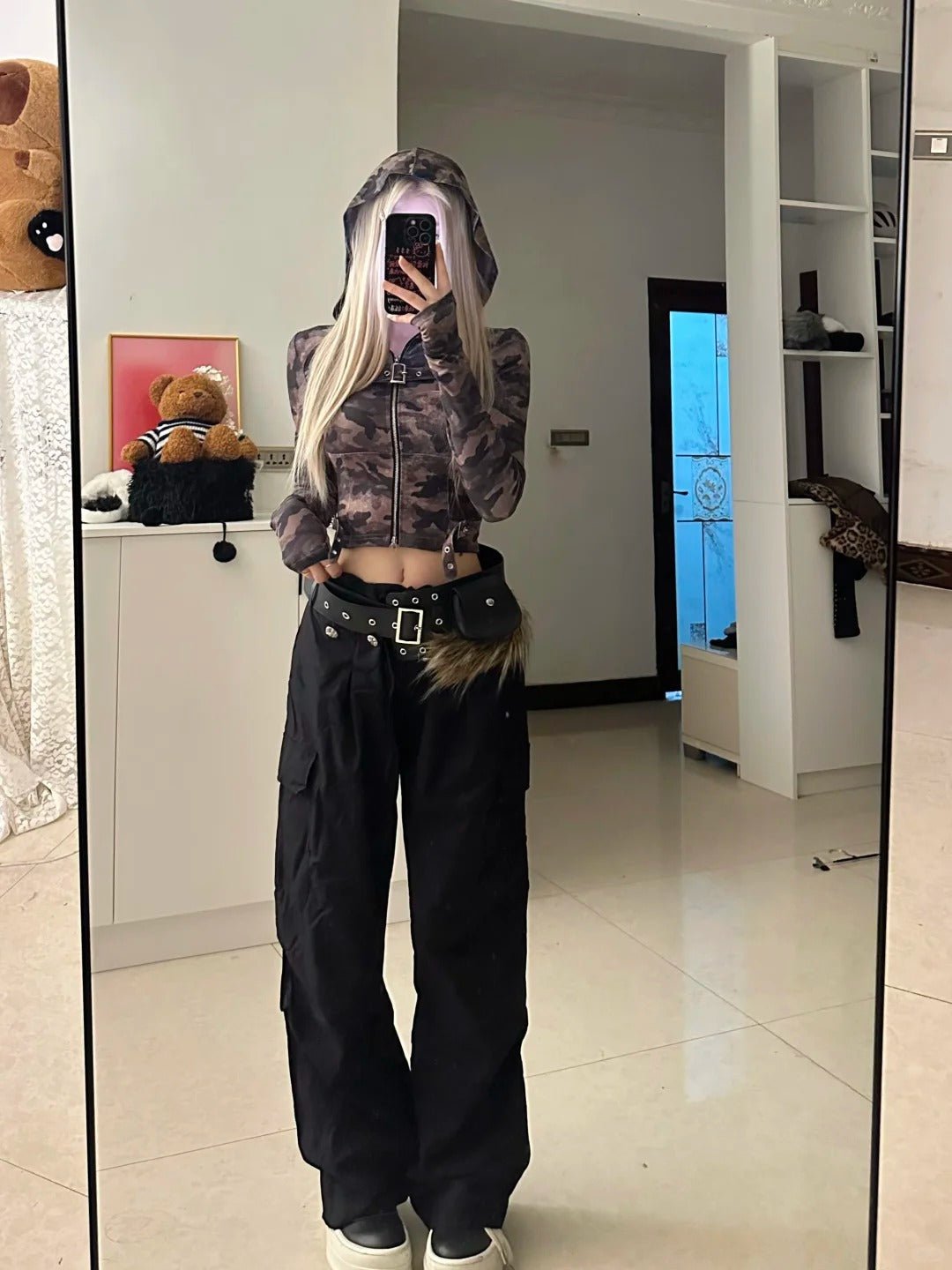 Camo Hoodie Zip Top and Black Cargo Pants Y2K Outfit - tutufox -