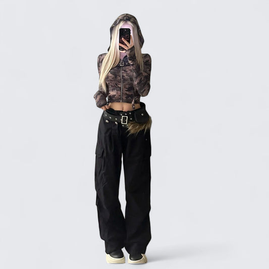 Camo Hoodie Zip Top and Black Cargo Pants Y2K Outfit - tutufox -