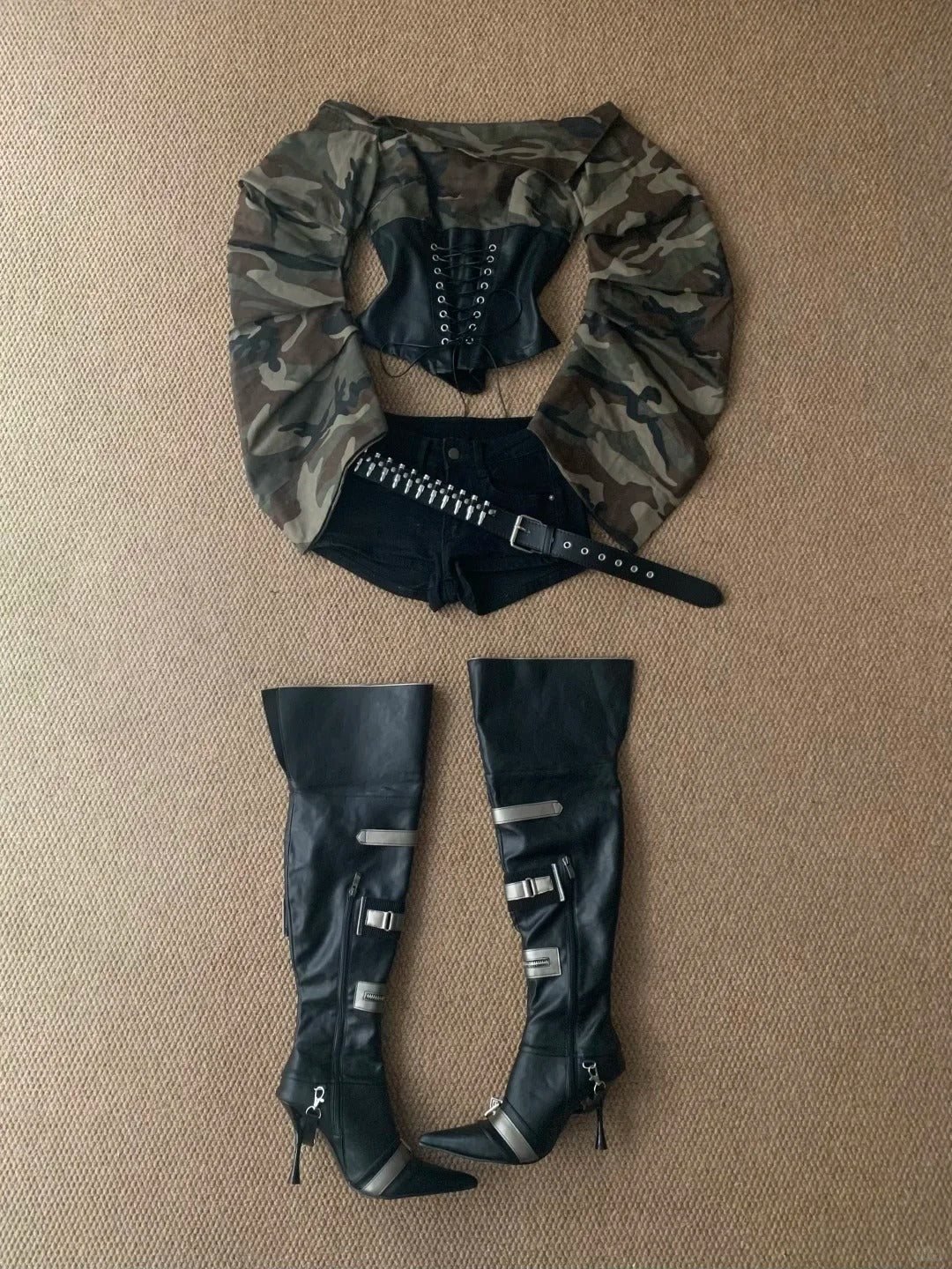Camouflage Off - Shoulder Long Sleeve Top and Black Leather Mini Skirt Y2K Two Pieces Sets - tutufox -