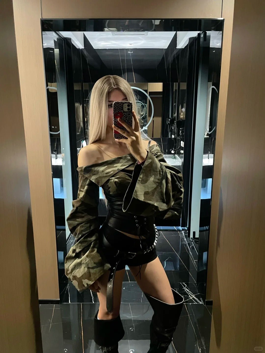 Camouflage Off - Shoulder Long Sleeve Top and Black Leather Mini Skirt Y2K Two Pieces Sets - tutufox -