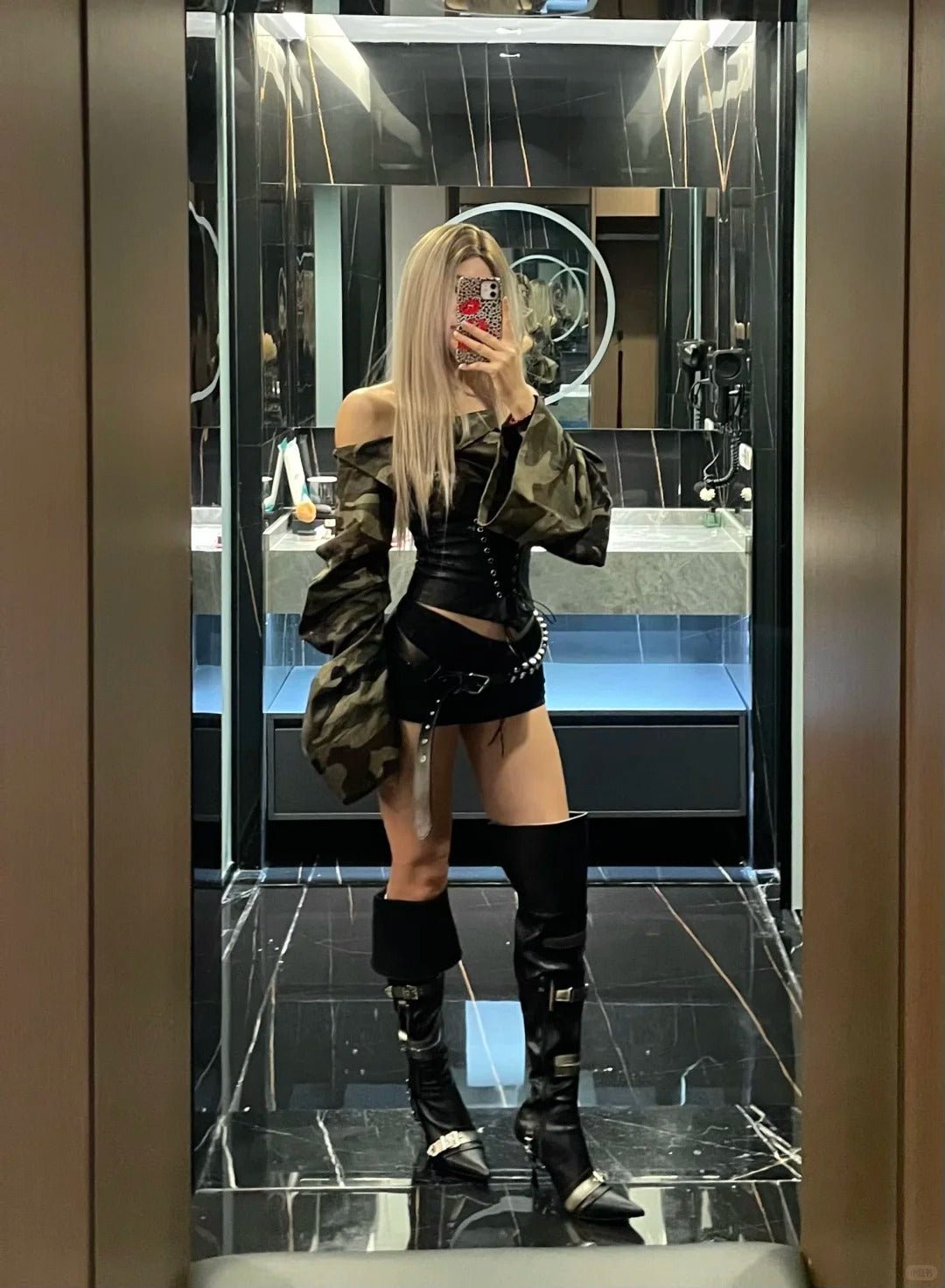 Camouflage Off - Shoulder Long Sleeve Top and Black Leather Mini Skirt Y2K Two Pieces Sets - tutufox -