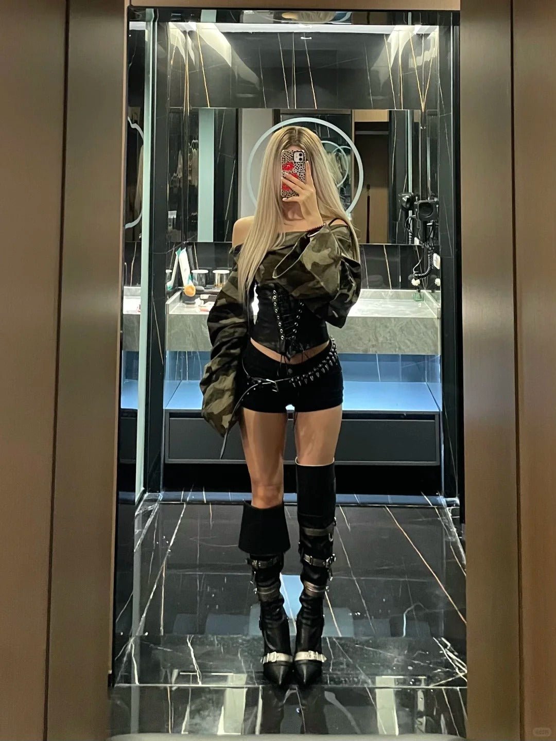 Camouflage Off - Shoulder Long Sleeve Top and Black Leather Mini Skirt Y2K Two Pieces Sets - tutufox -