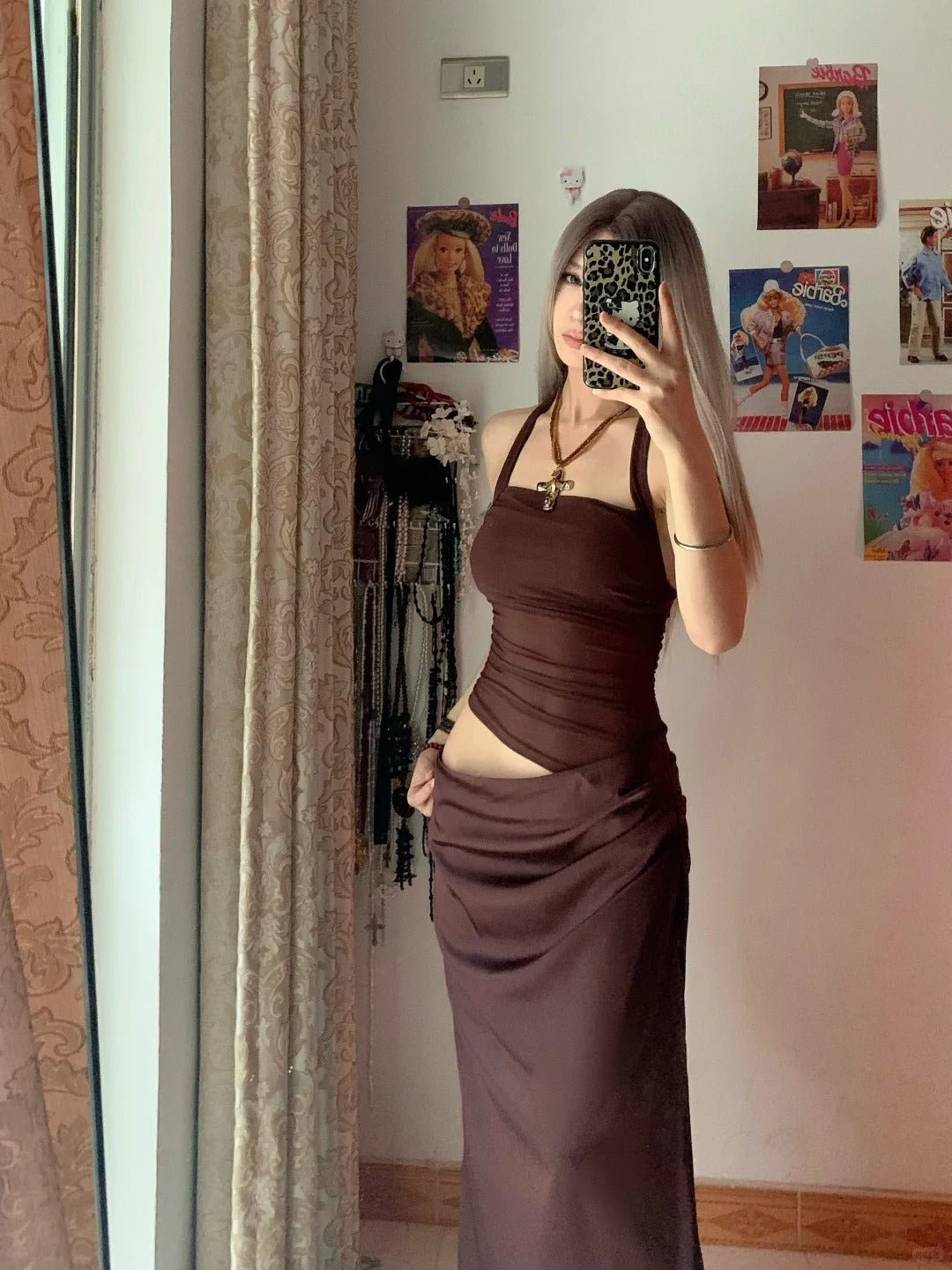 Dark Brown Halter Cutout Maxi Dress Y2K Dress - tutufox -