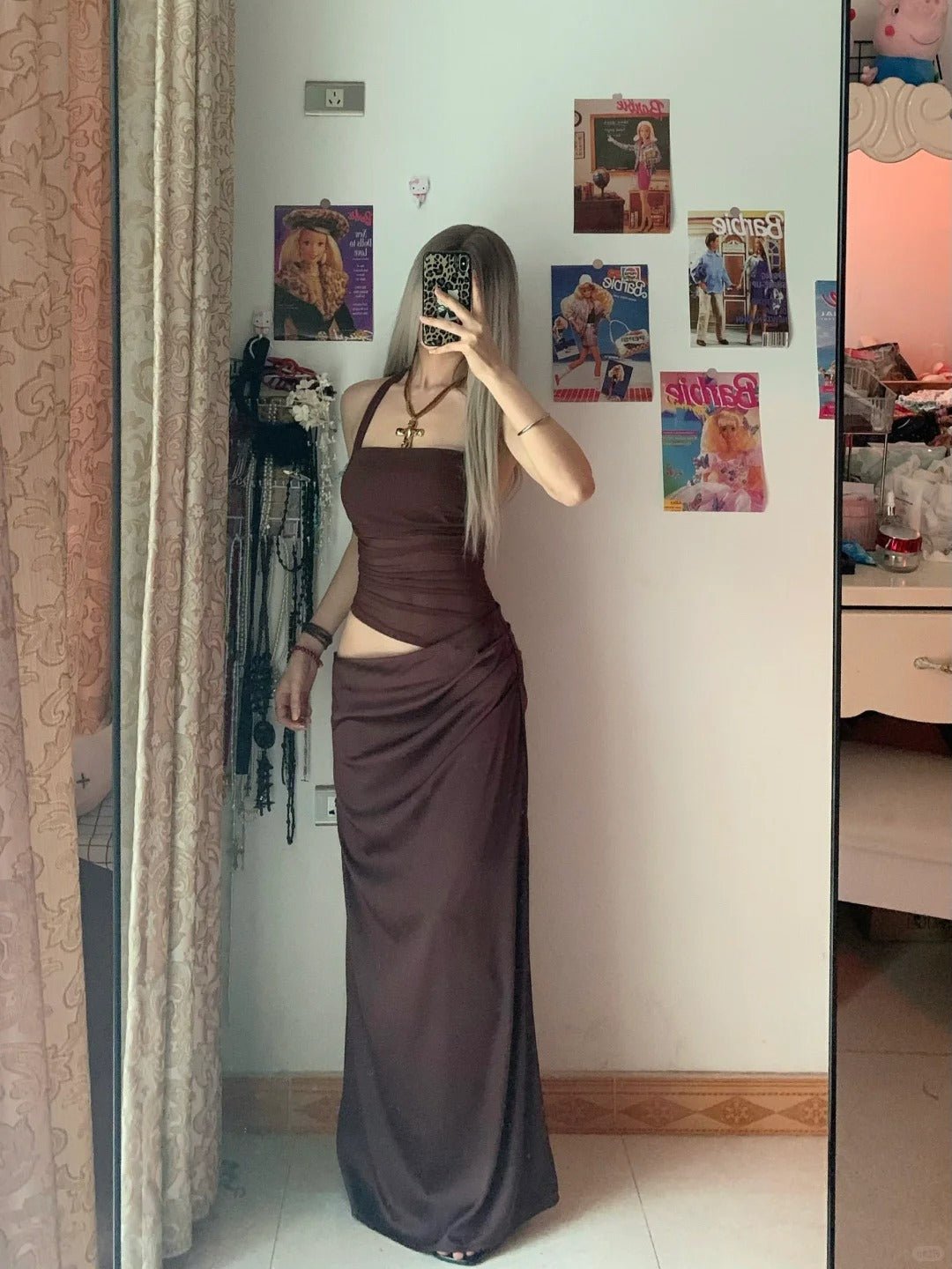 Dark Brown Halter Cutout Maxi Dress Y2K Dress - tutufox -