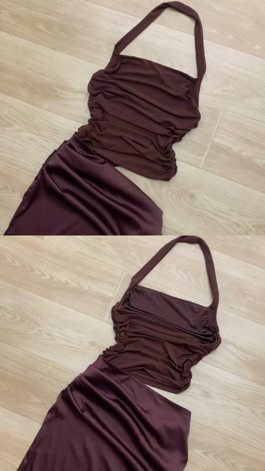 Dark Brown Halter Cutout Maxi Dress Y2K Dress - tutufox -