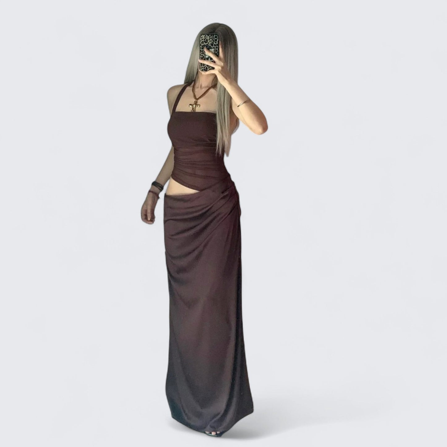 Dark Brown Halter Cutout Maxi Dress Y2K Dress - tutufox -