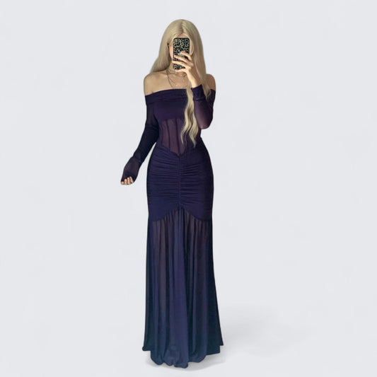 Deep Purple Off Shoulder Long Sleeve Dress Y2K Dress - tutufox -