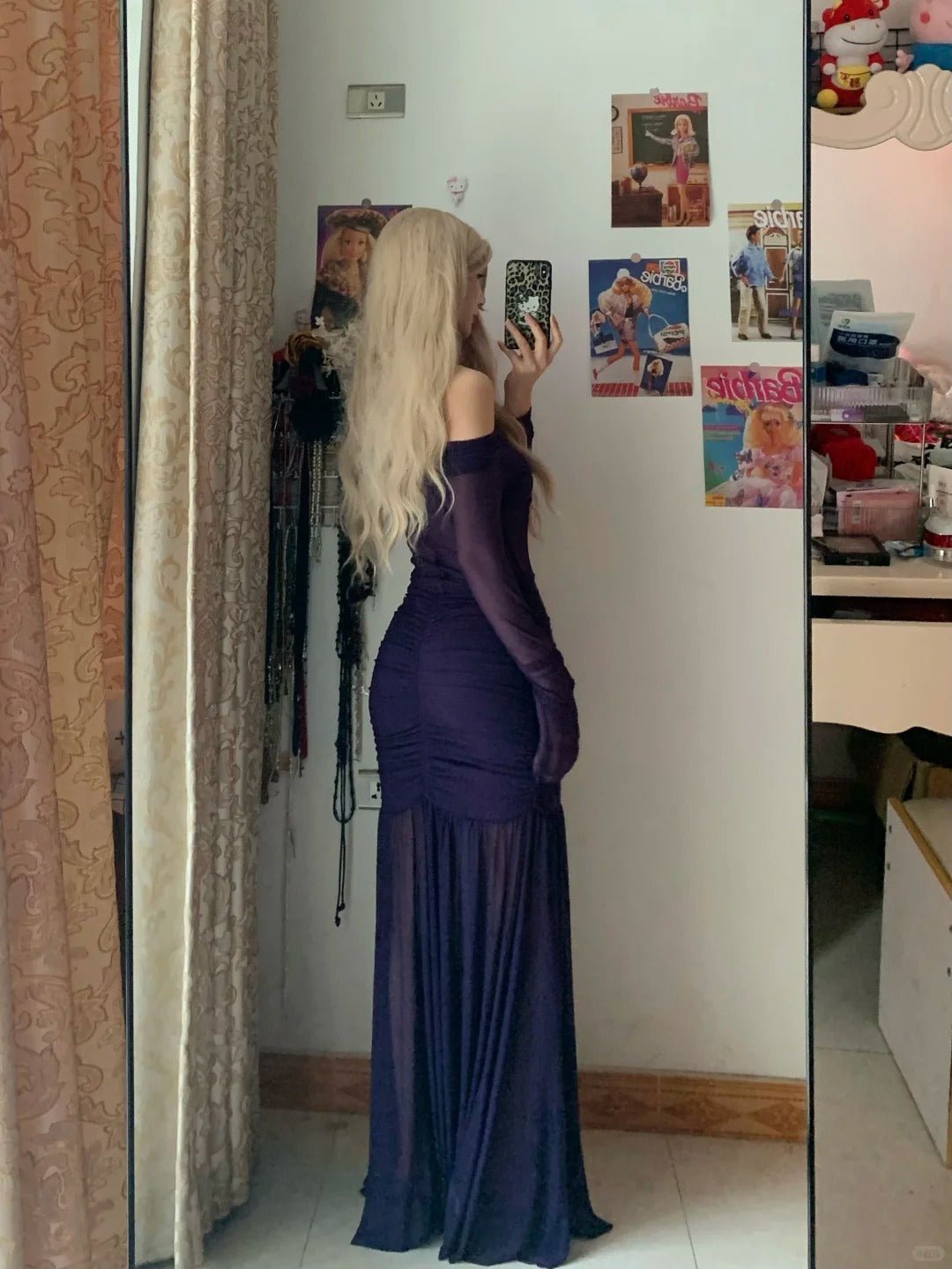 Deep Purple Off Shoulder Long Sleeve Dress Y2K Dress - tutufox -