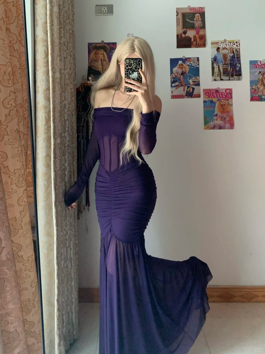 Deep Purple Off Shoulder Long Sleeve Dress Y2K Dress - tutufox -
