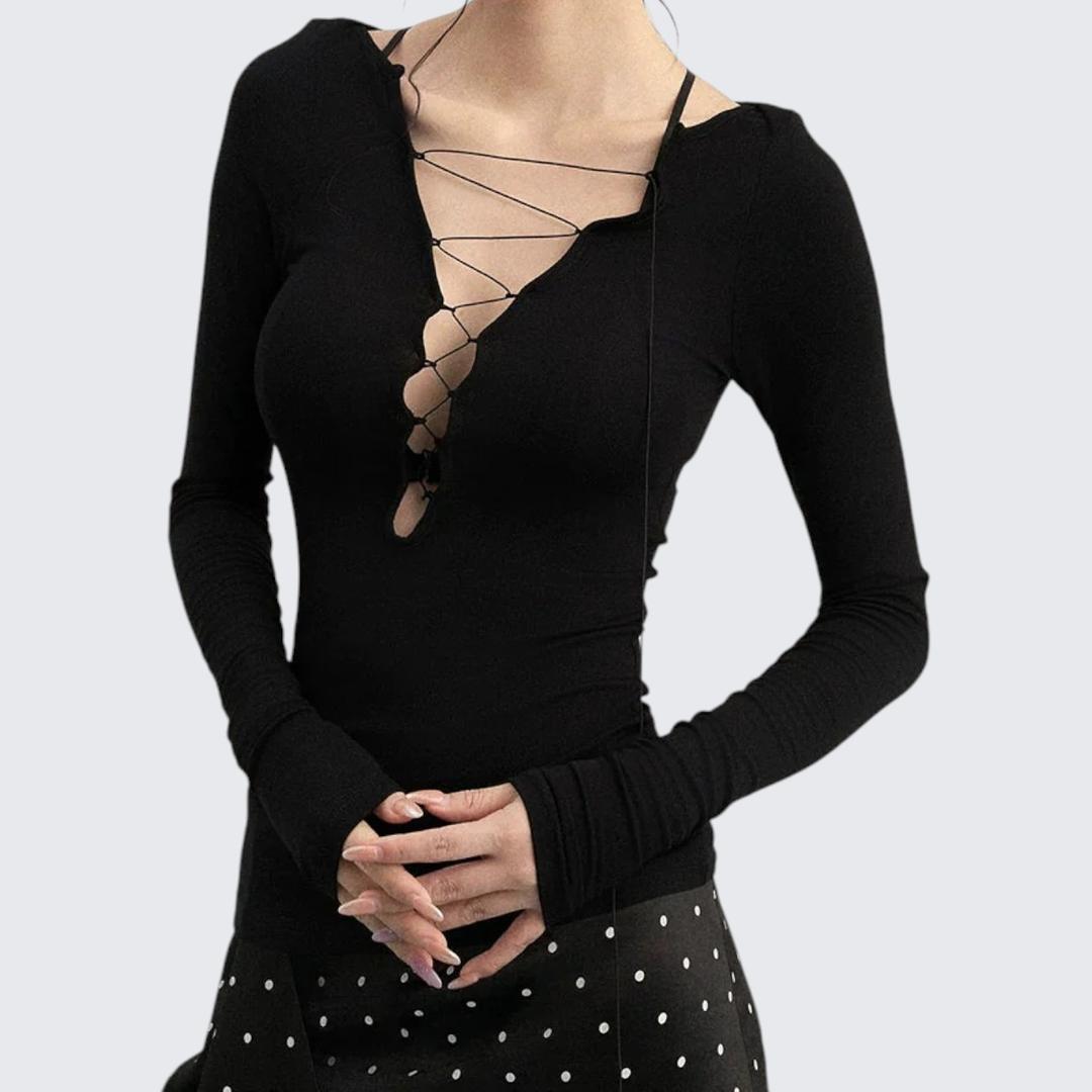 Early Autumn Deep V - Neck Long - Sleeve E - Girl T-Shirt With Slim Fit & Tie Details - tutufox -