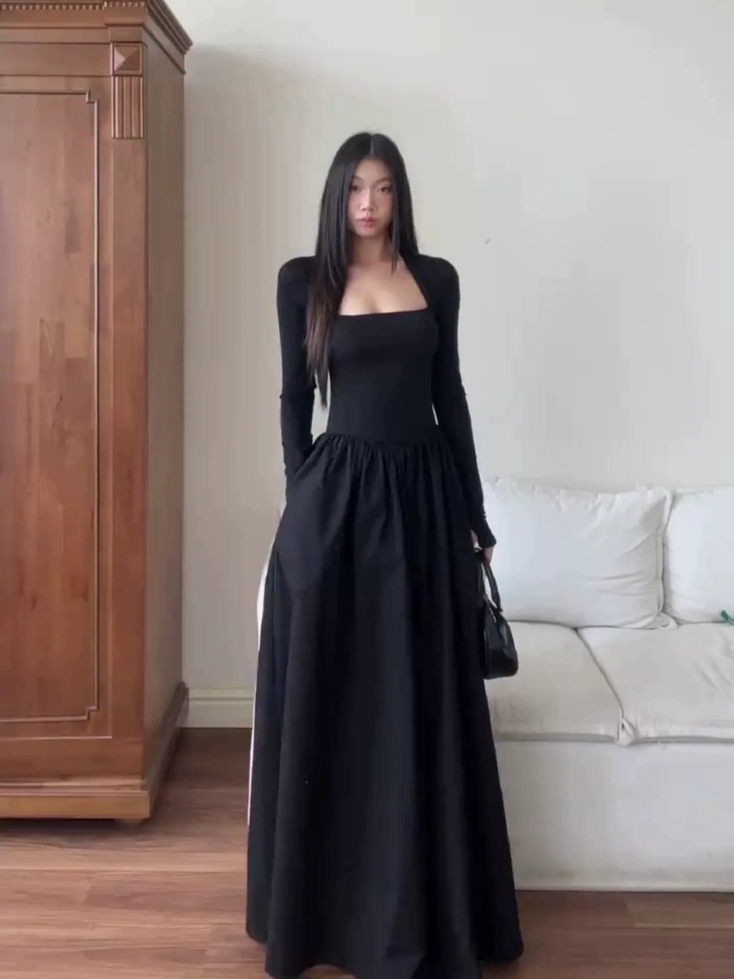 French Black Square - Neck Long - Sleeve Waist - Cinched Flare Maxi Dress - tutufox -