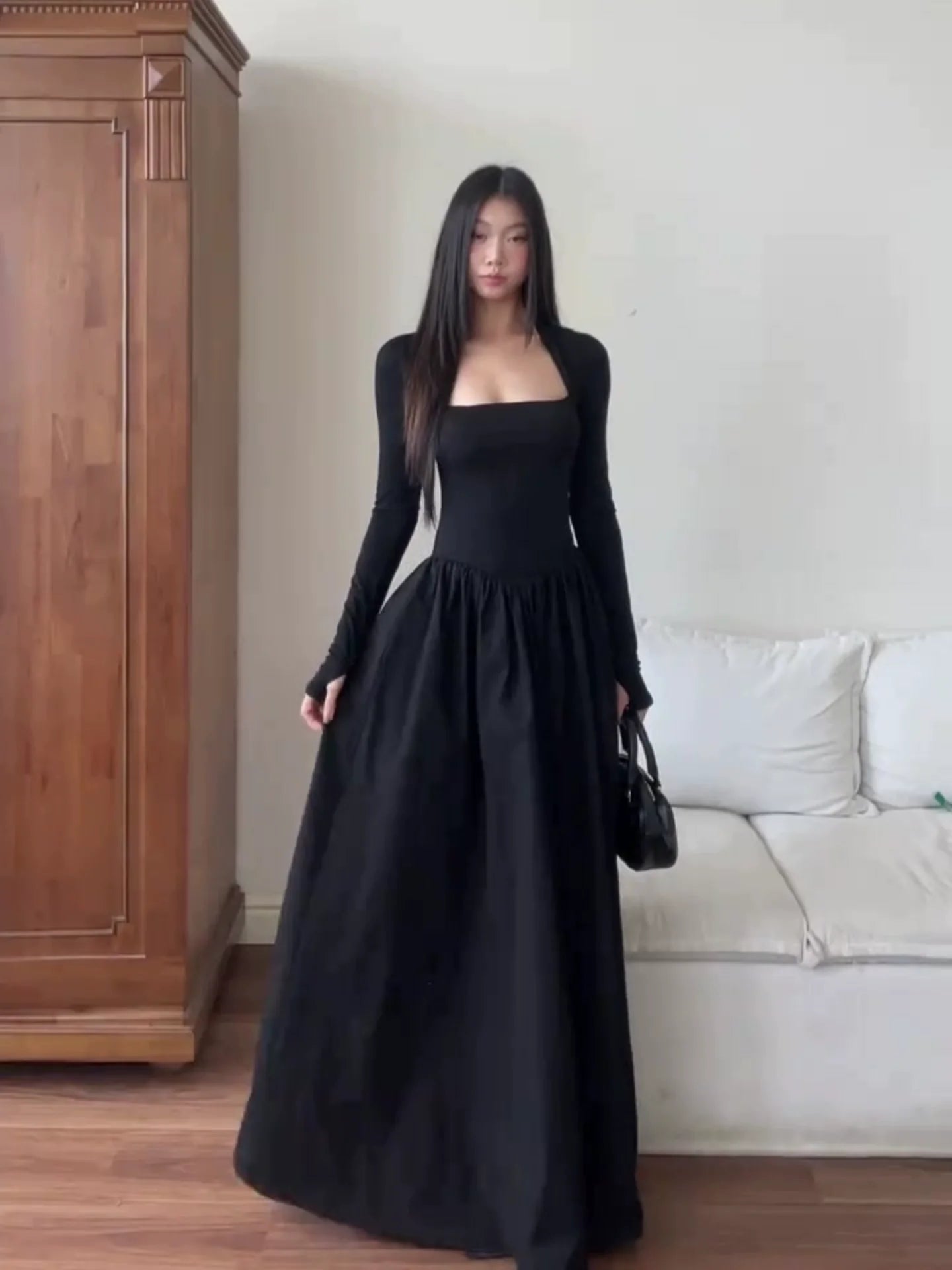 French Black Square - Neck Long - Sleeve Waist - Cinched Flare Maxi Dress - tutufox -