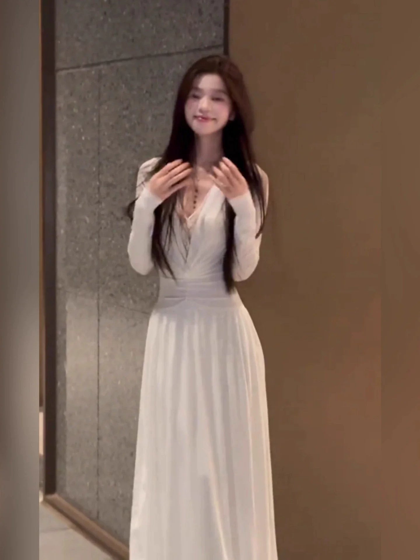 French Elegant White Lace V - Neck Long - Sleeve Waist - Cinched Maxi Dress - tutufox -