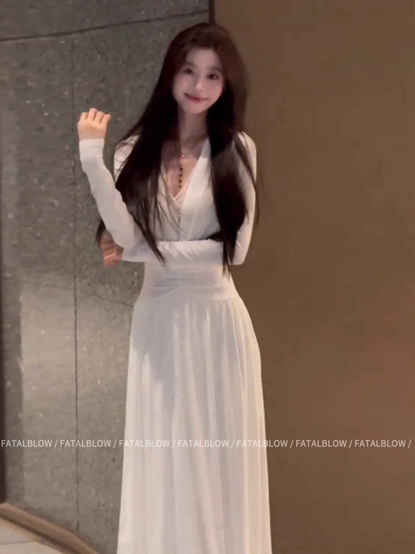 French Elegant White Lace V - Neck Long - Sleeve Waist - Cinched Maxi Dress - tutufox -