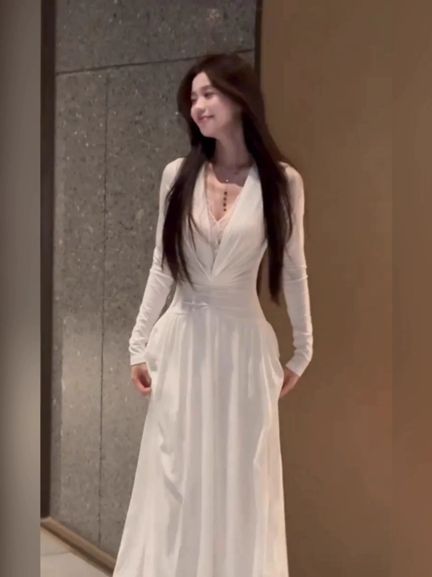 French Elegant White Lace V - Neck Long - Sleeve Waist - Cinched Maxi Dress - tutufox -