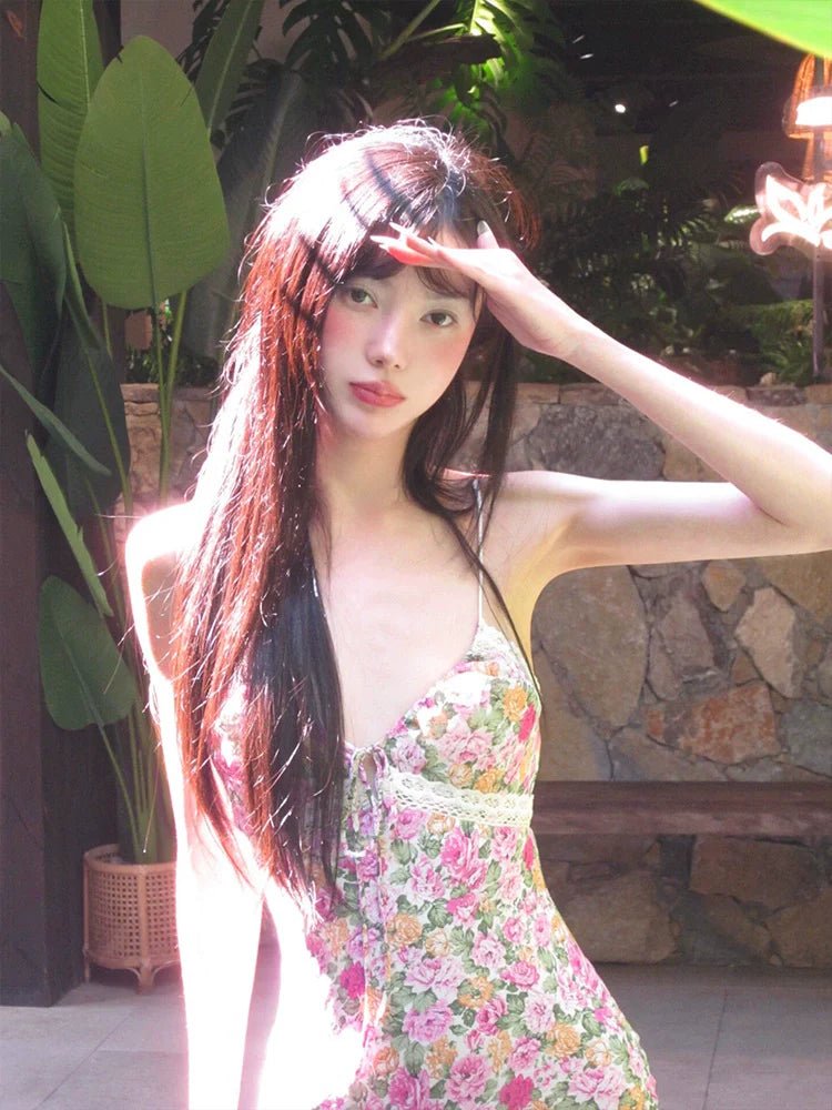 French Floral Camisole Bodycon Waist - Cinched Mermaid Maxi Dress - tutufox -