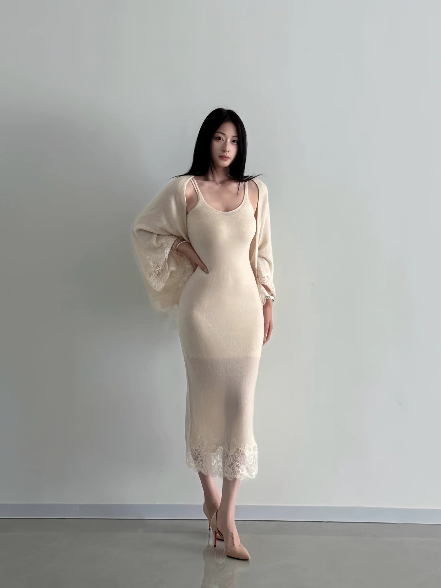 French Gorgeous Knit Capelet Spaghetti - Strap Waist - Cinched Midi Dress - tutufox -