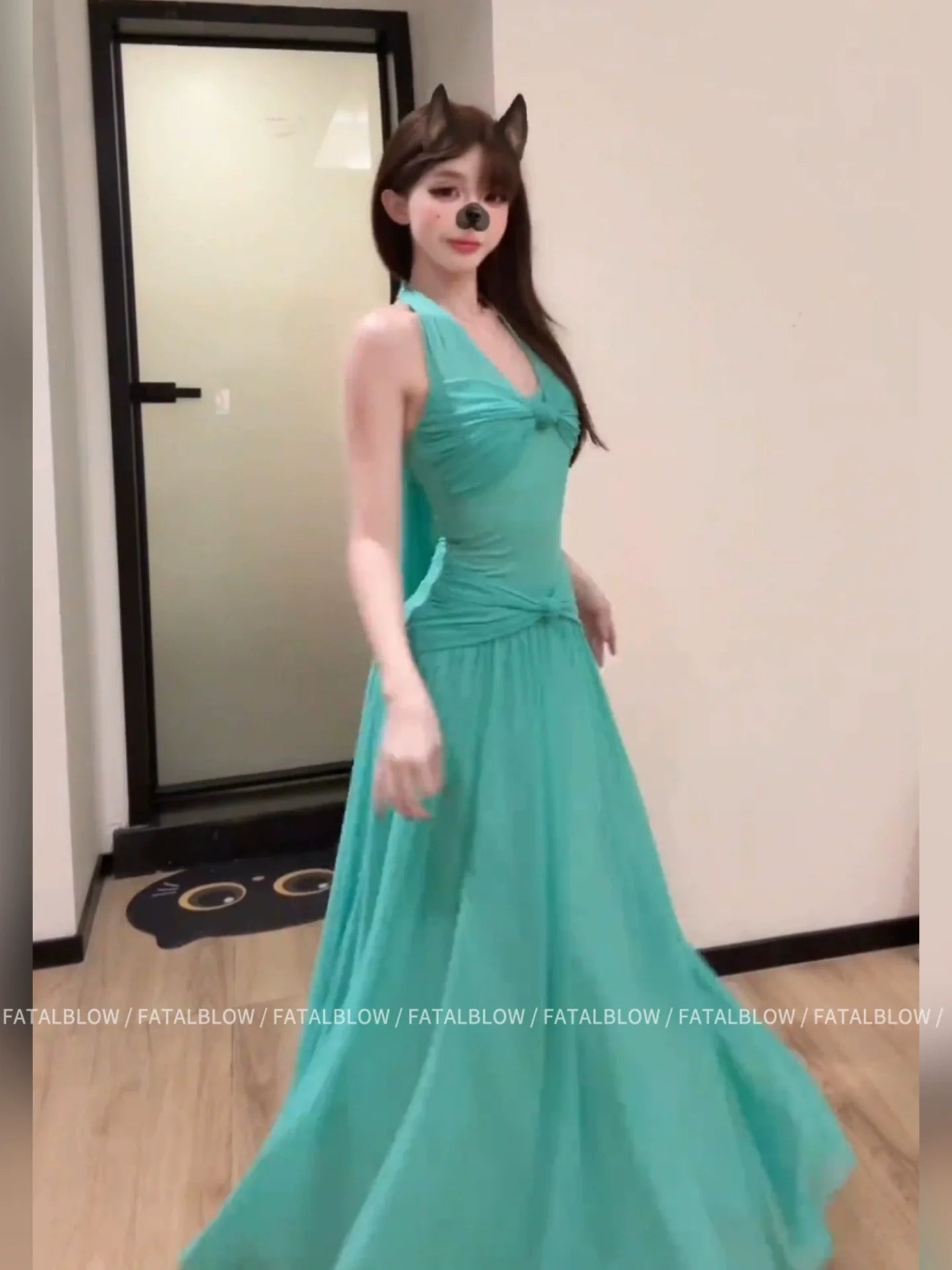 French Green V - Neck Halter Backless Waist - Cinched Beach Vacation Maxi Dress - tutufox -