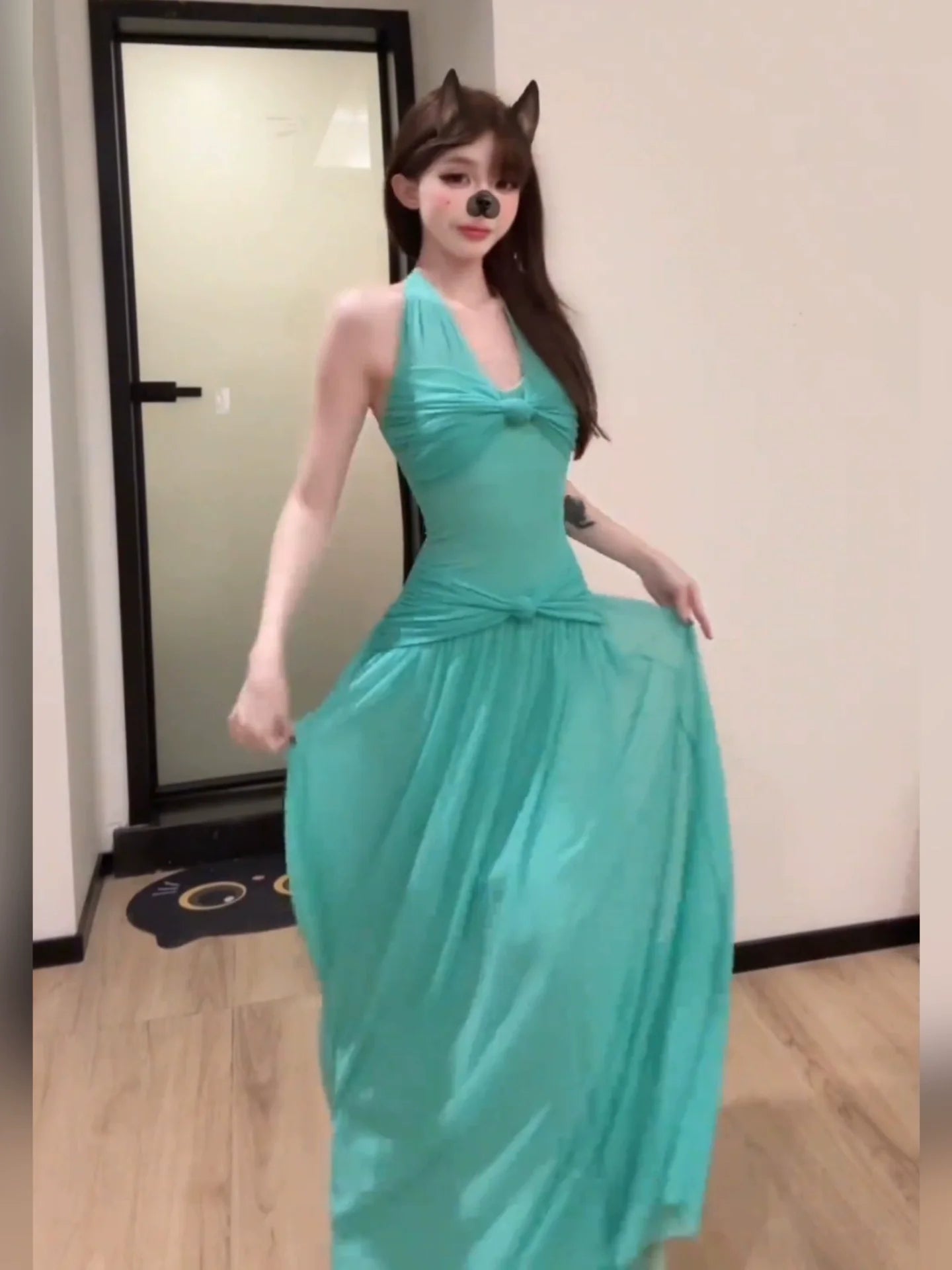 French Green V - Neck Halter Backless Waist - Cinched Beach Vacation Maxi Dress - tutufox -