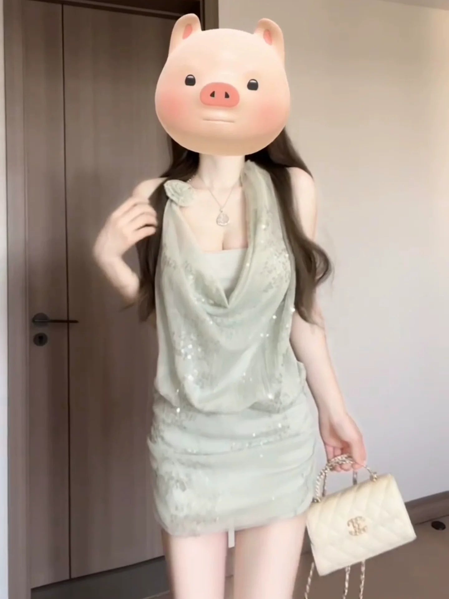 French Luxe Sequin Halter Waist - Cinched Bodycon Mini Dress - tutufox -