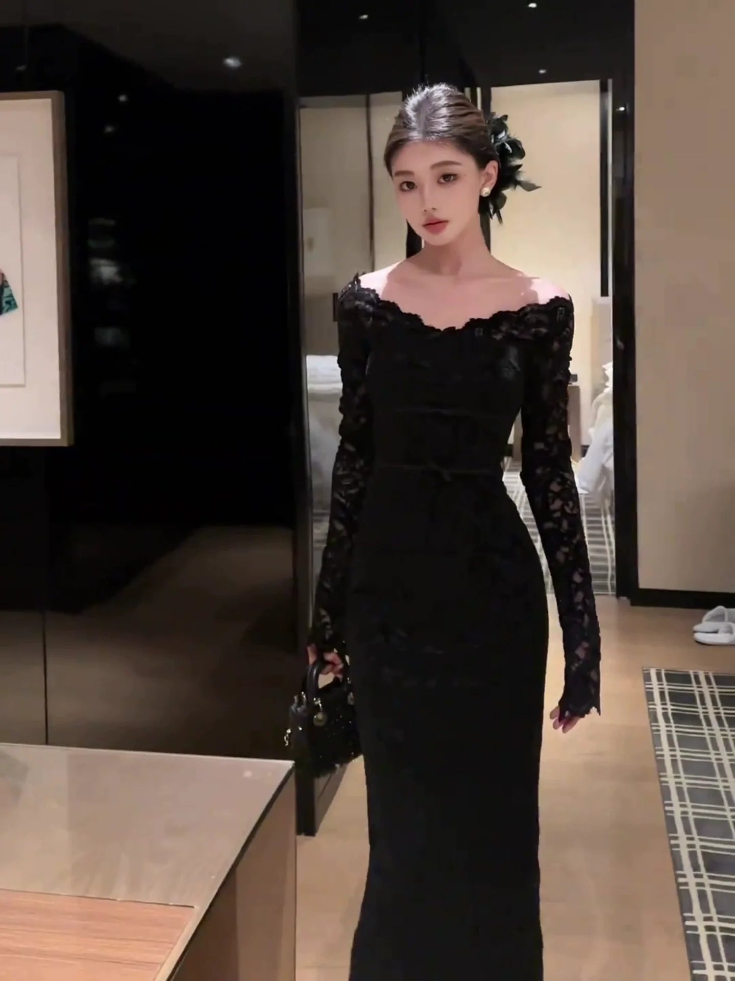 French Off - The - Shoulder Black Lace - Bow Long - Sleeve Waist - Cinched Maxi Dress - tutufox -