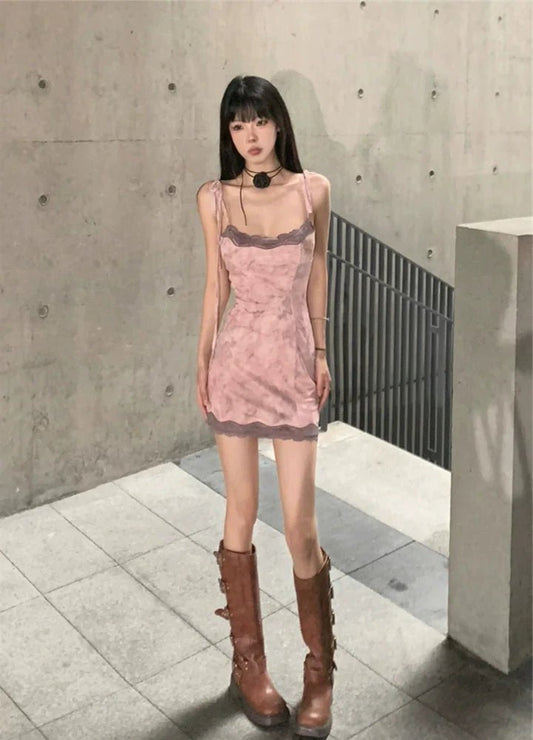 French Retro Tie - Dye Lace - Paneled Halter Hot Girl Bodycon Summer Mini Dress - tutufox -