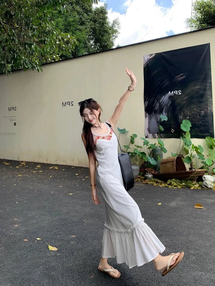 French Romantic Floral Embroidered Mermaid Halter Waist - Cinched Elegant Maxi Dress - tutufox -