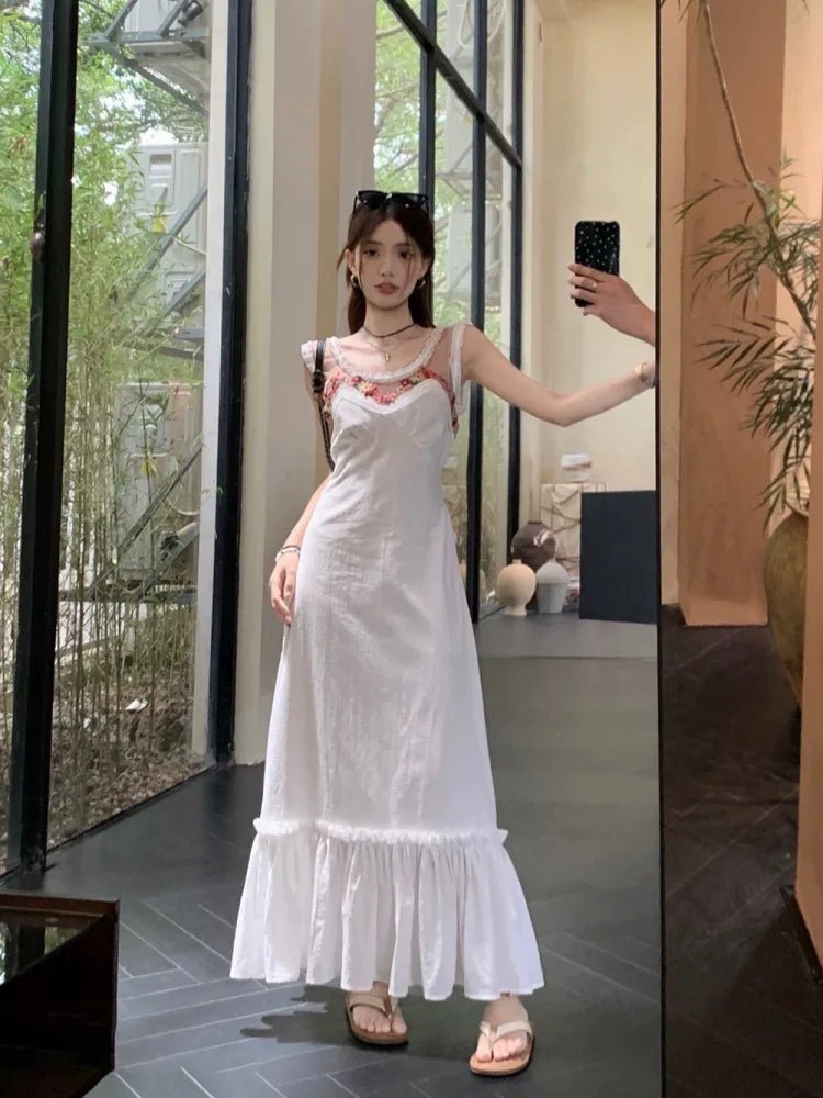 French Romantic Floral Embroidered Mermaid Halter Waist - Cinched Elegant Maxi Dress - tutufox -