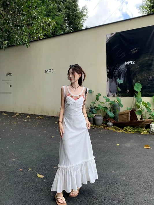 French Romantic Floral Embroidered Mermaid Halter Waist - Cinched Elegant Maxi Dress - tutufox -