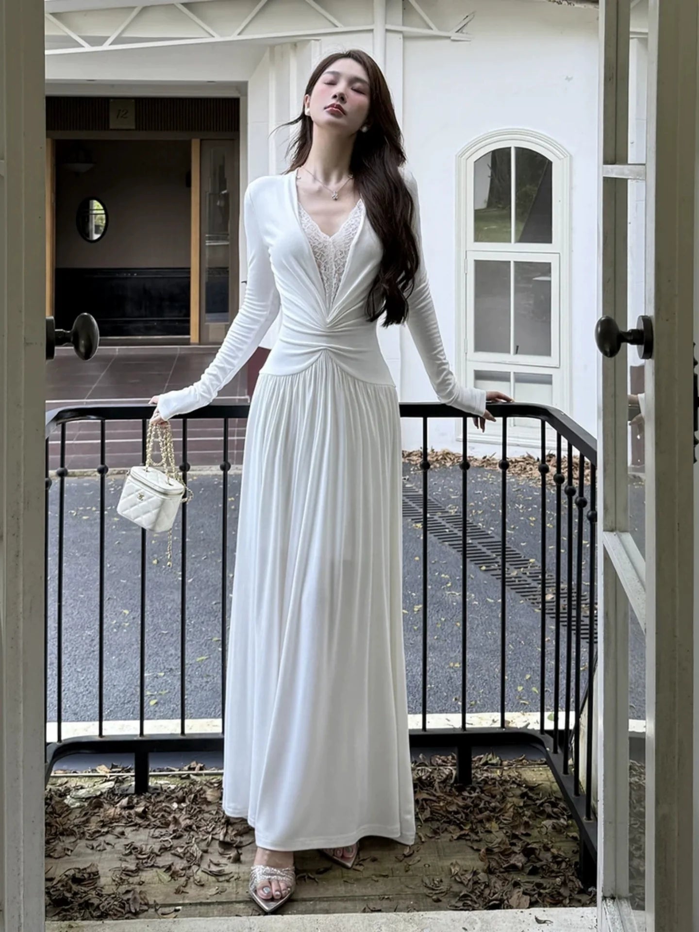 French White Lace V - Neck Long - Sleeve Waist - Cinched Maxi Dress - tutufox -