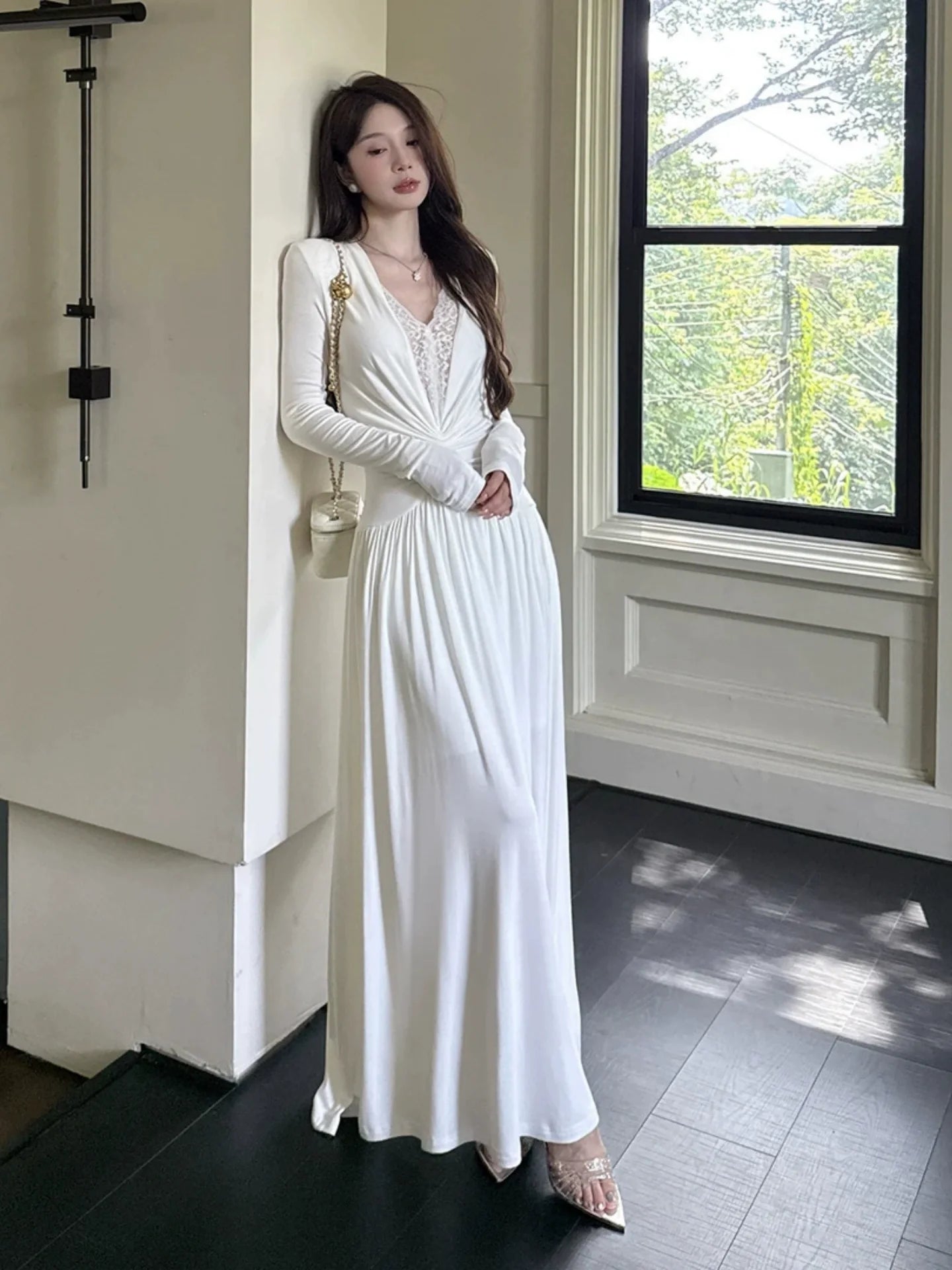 French White Lace V - Neck Long - Sleeve Waist - Cinched Maxi Dress - tutufox -