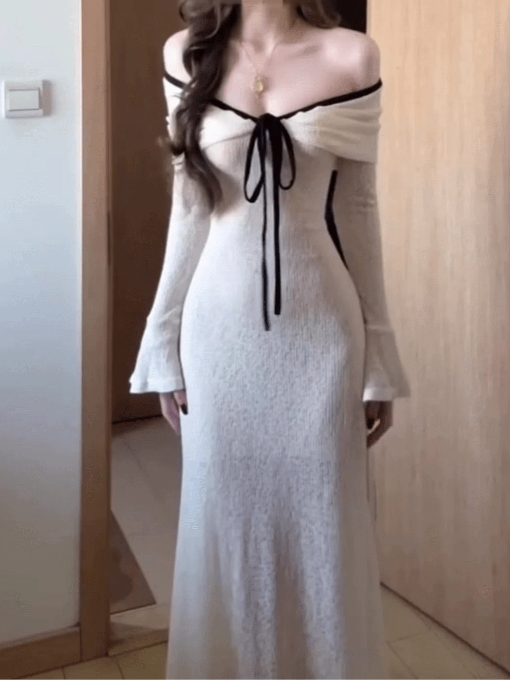 French White Off - The - Shoulder Tube Top Long - Sleeve Maxi Dress - tutufox -