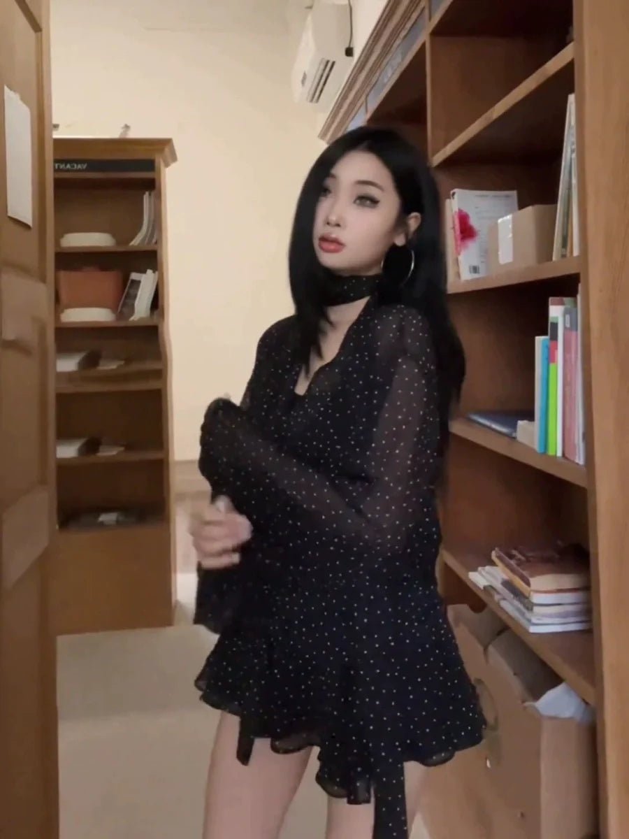 French White Polka - Dot Sash Chiffon Long - Sleeve Waist - Cinched Dress - tutufox -