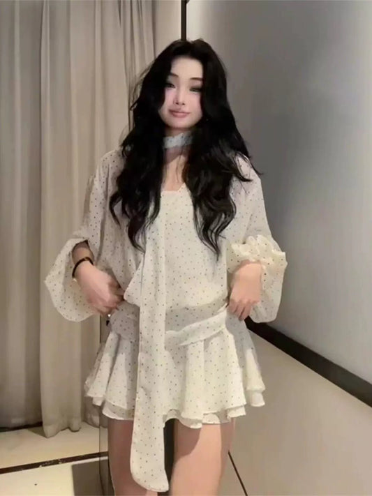 French White Polka - Dot Sash Chiffon Long - Sleeve Waist - Cinched Dress - tutufox -