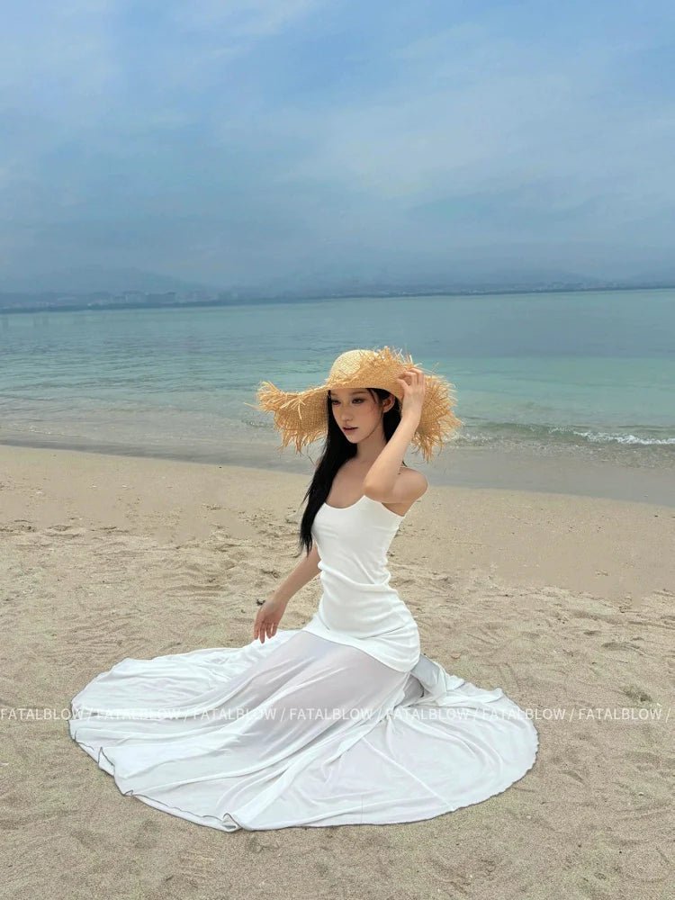 French White Tulle Camisole Pure Desire Waist - Cinched Mermaid Maxi Dress - tutufox -