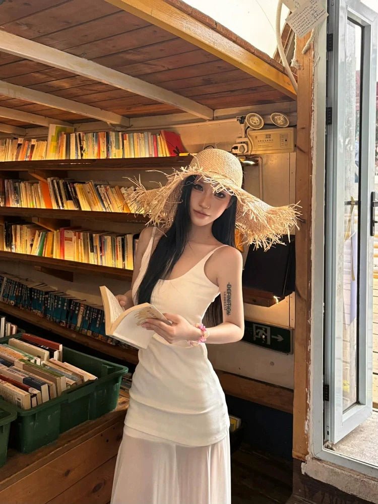 French White Tulle Camisole Pure Desire Waist - Cinched Mermaid Maxi Dress - tutufox -