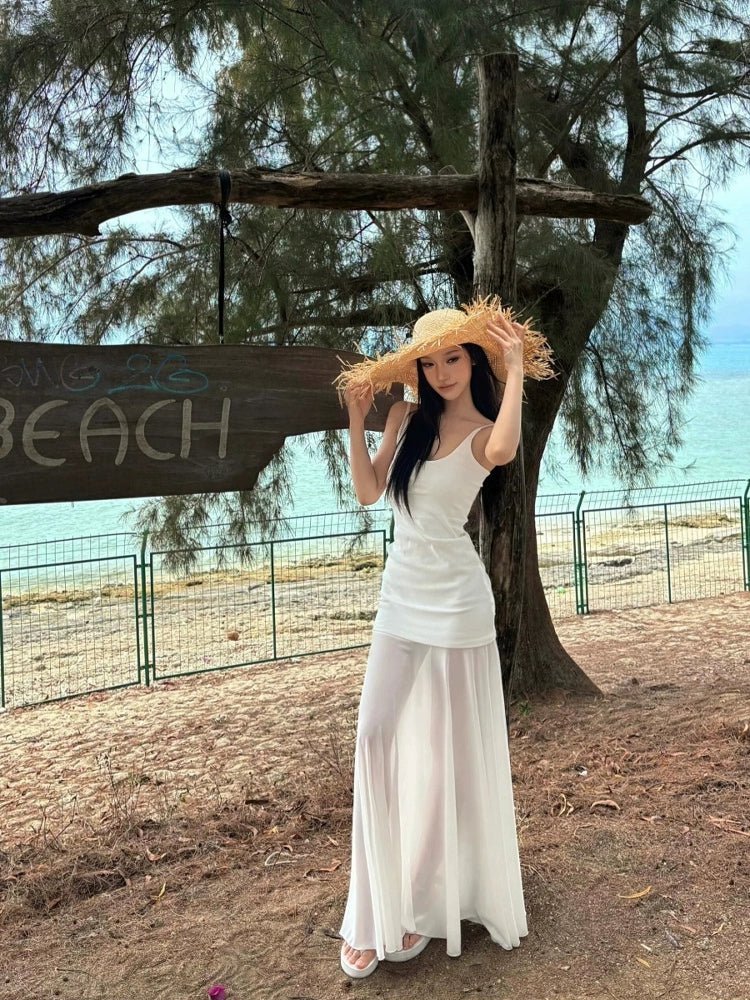 French White Tulle Camisole Pure Desire Waist - Cinched Mermaid Maxi Dress - tutufox -