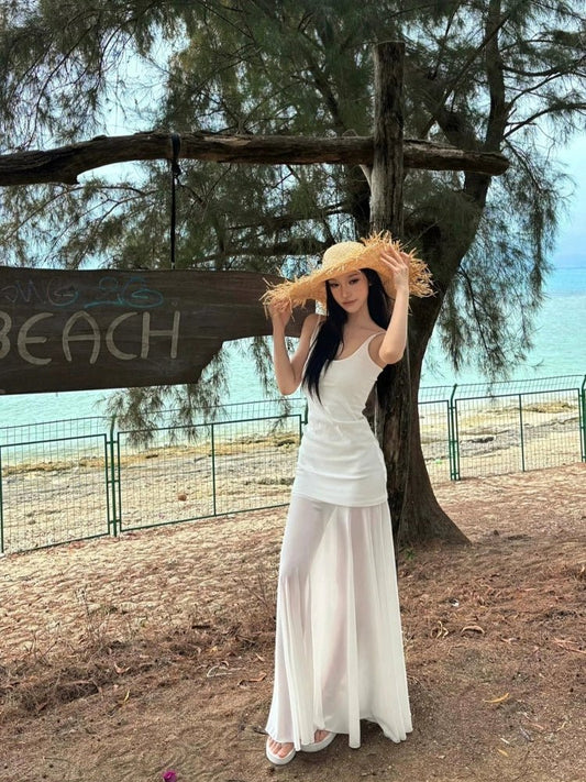 French White Tulle Camisole Pure Desire Waist - Cinched Mermaid Maxi Dress - tutufox -