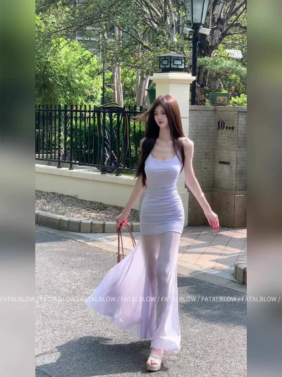 French White Tulle Camisole Pure Desire Waist - Cinched Mermaid Maxi Dress - tutufox -