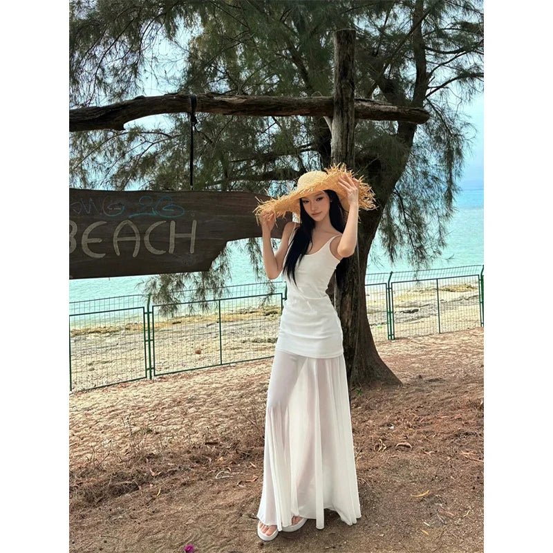 French White Tulle Camisole Pure Desire Waist - Cinched Mermaid Maxi Dress - tutufox -