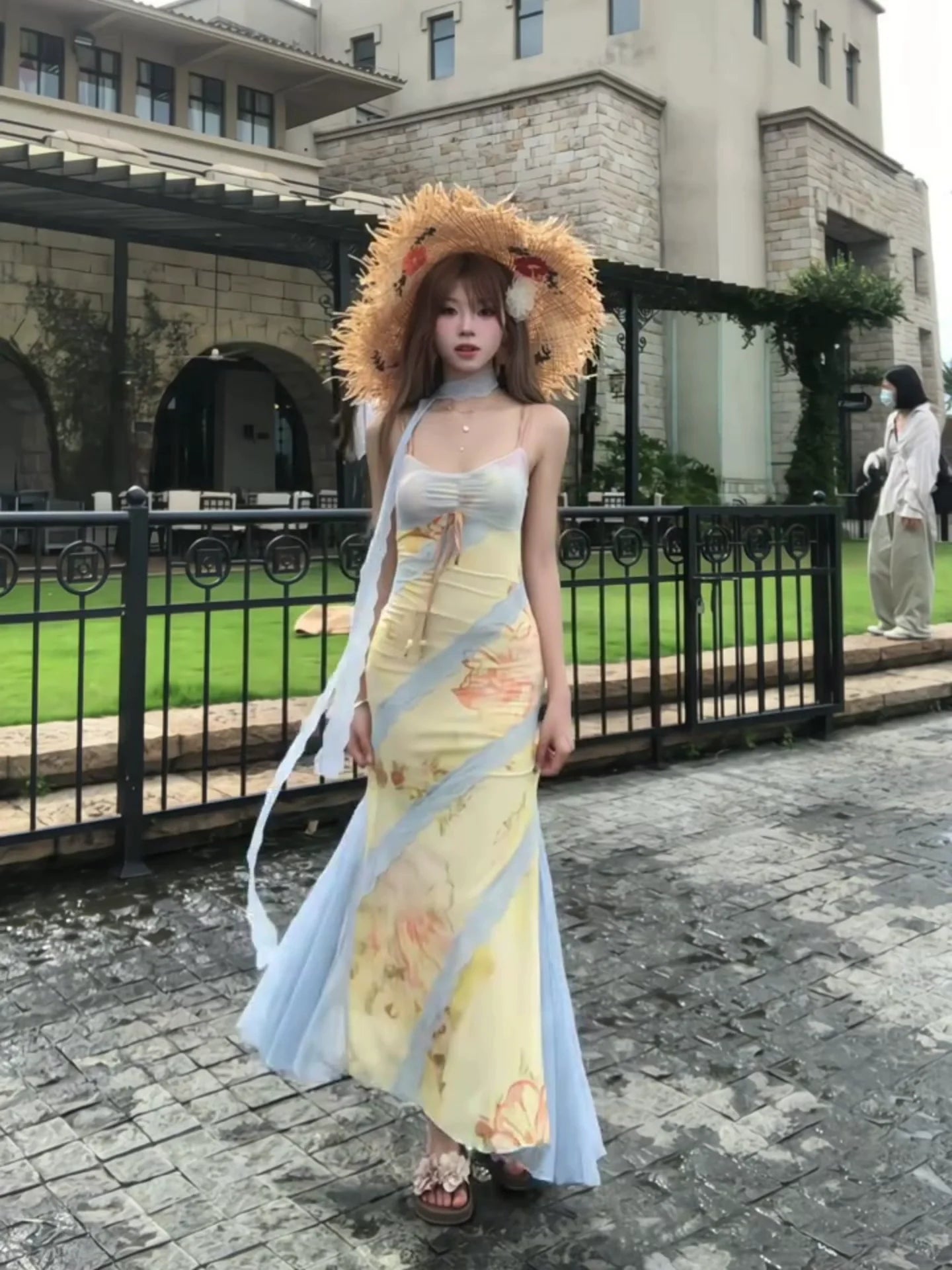 French Yellow Floral Lace Spaghetti - Strap Beach Vacation Mermaid Maxi Dress - tutufox -