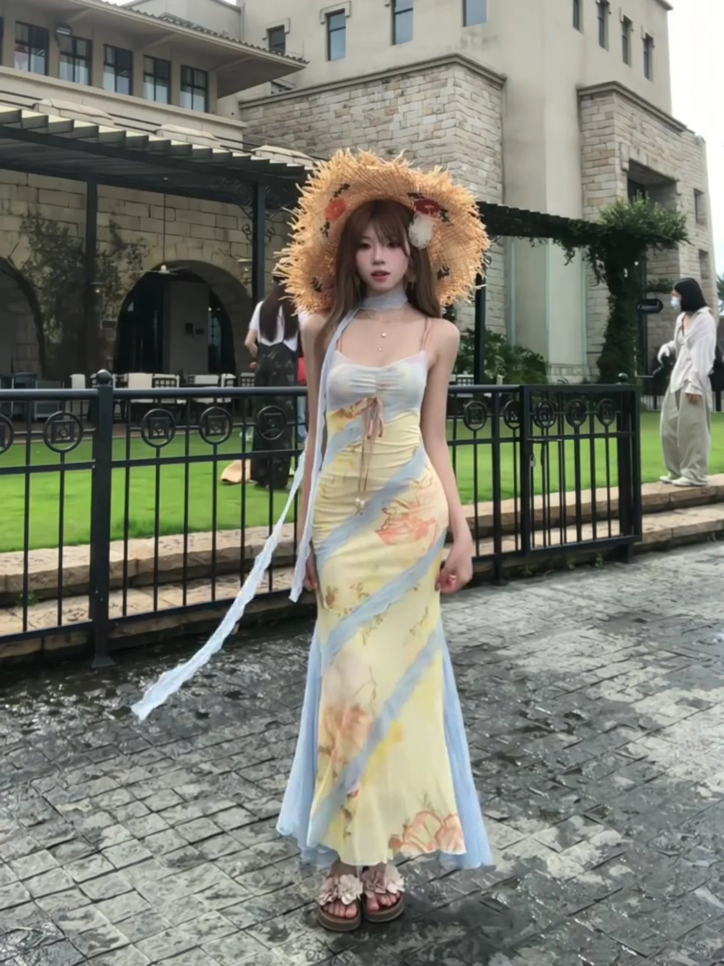 French Yellow Floral Lace Spaghetti - Strap Beach Vacation Mermaid Maxi Dress - tutufox -