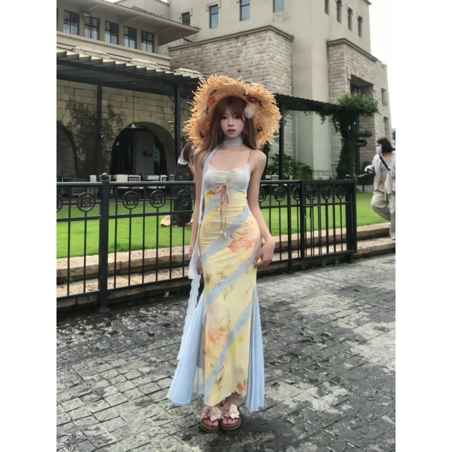 French Yellow Floral Lace Spaghetti - Strap Beach Vacation Mermaid Maxi Dress - tutufox -