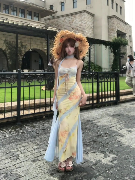 French Yellow Floral Lace Spaghetti - Strap Beach Vacation Mermaid Maxi Dress - tutufox -