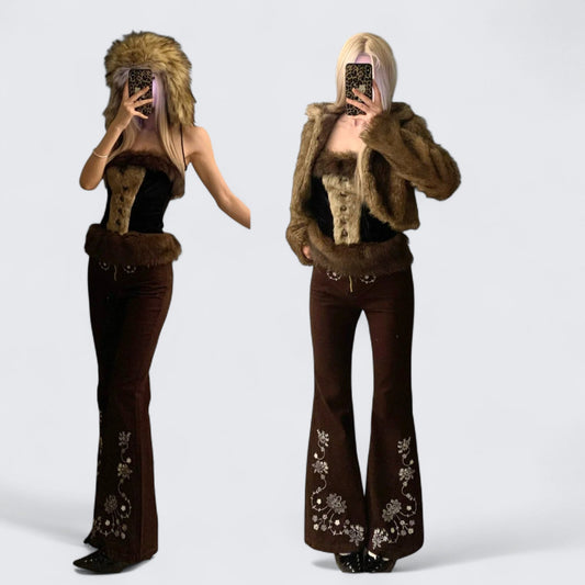 Fur Bustier Top with Embroidered Flares and Fur Coat Y2K Outfit - tutufox -