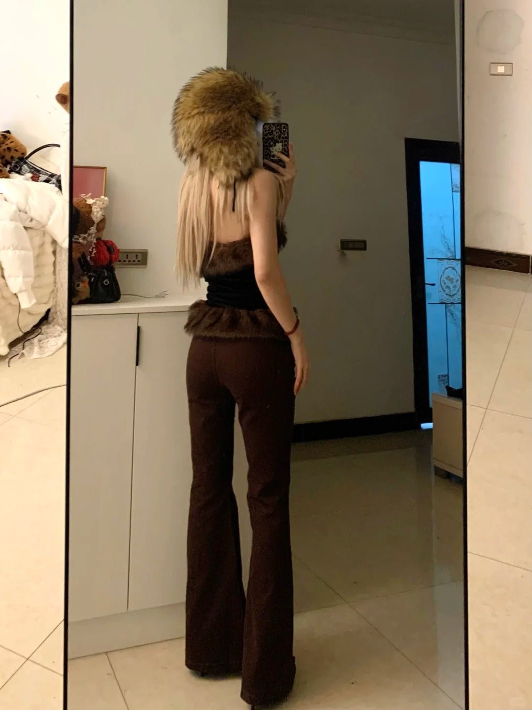 Fur Bustier Top with Embroidered Flares and Fur Coat Y2K Outfit - tutufox -