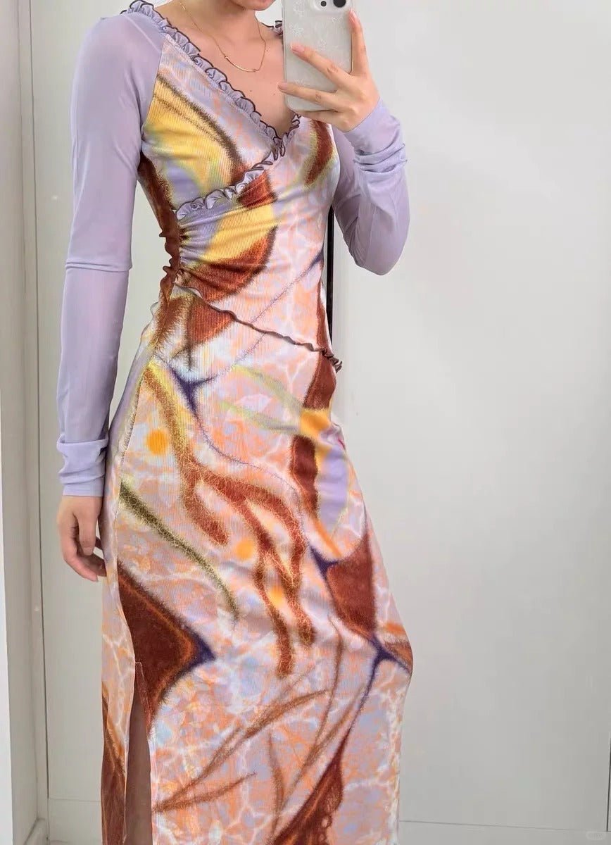 Geometric Print V - Neck Asymmetrical Hem Fitted Long Sleeves Dress - tutufox -