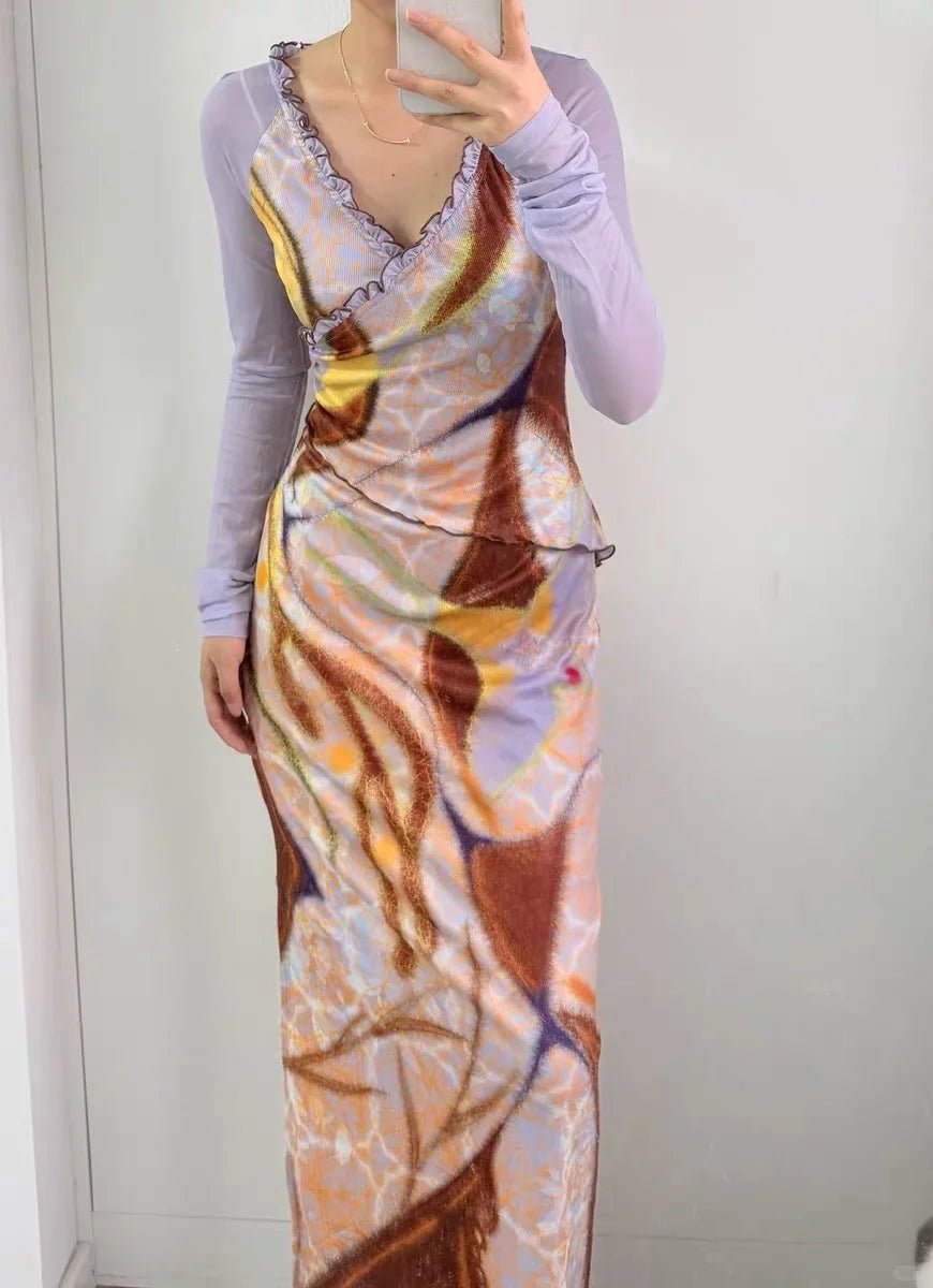 Geometric Print V - Neck Asymmetrical Hem Fitted Long Sleeves Dress - tutufox -