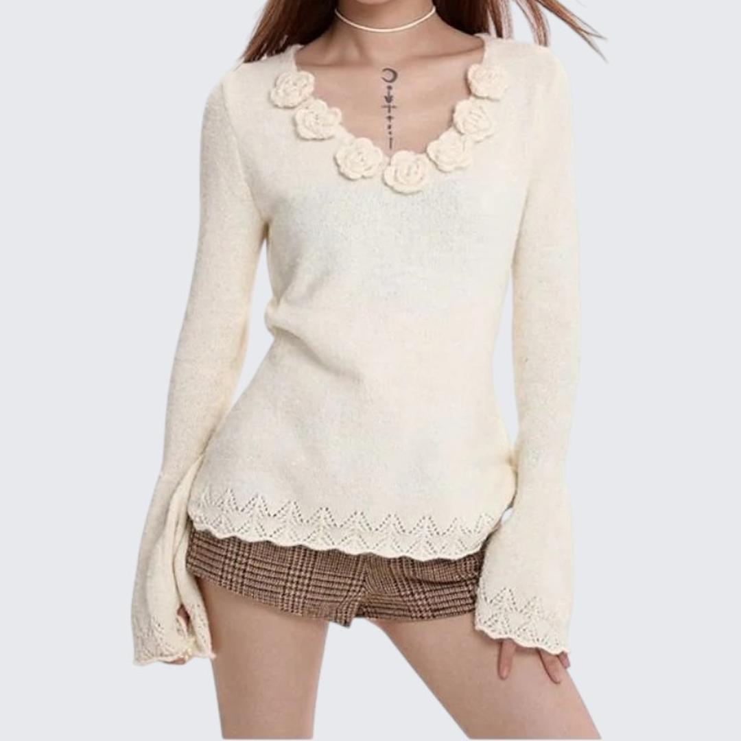 Gray 3D Flower V - Neck Long - Sleeve Sweater For Women - Autumn & Winter - tutufox -